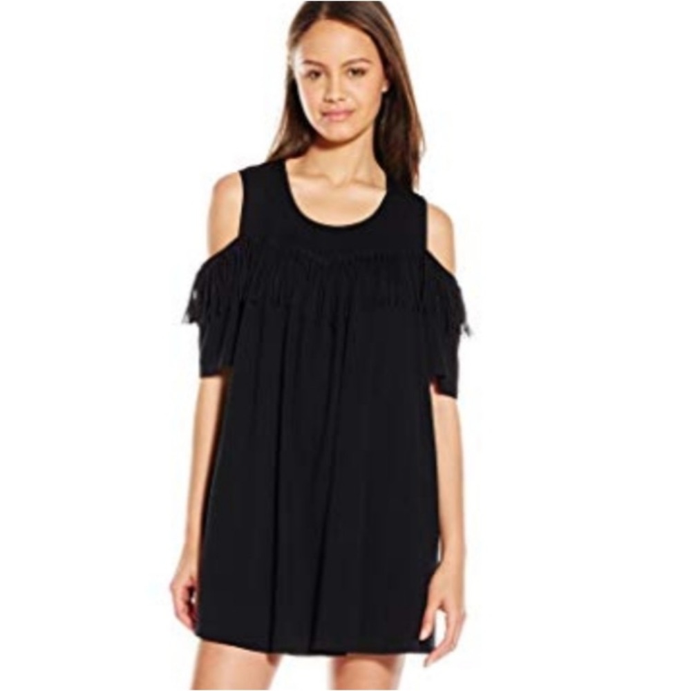 New Paper Crane cold shoulder boho fringe black dress medium festival